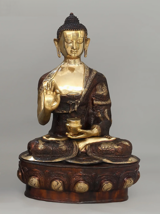 ब्रोसरा® ब्रास बुद्ध अभय मुद्रा और कमल पेडस्टल के साथ | एंटीक ड्यूल टोन फिनिश | ऊंचाई 33 इंच और वजन 50.94 किलोग्राम