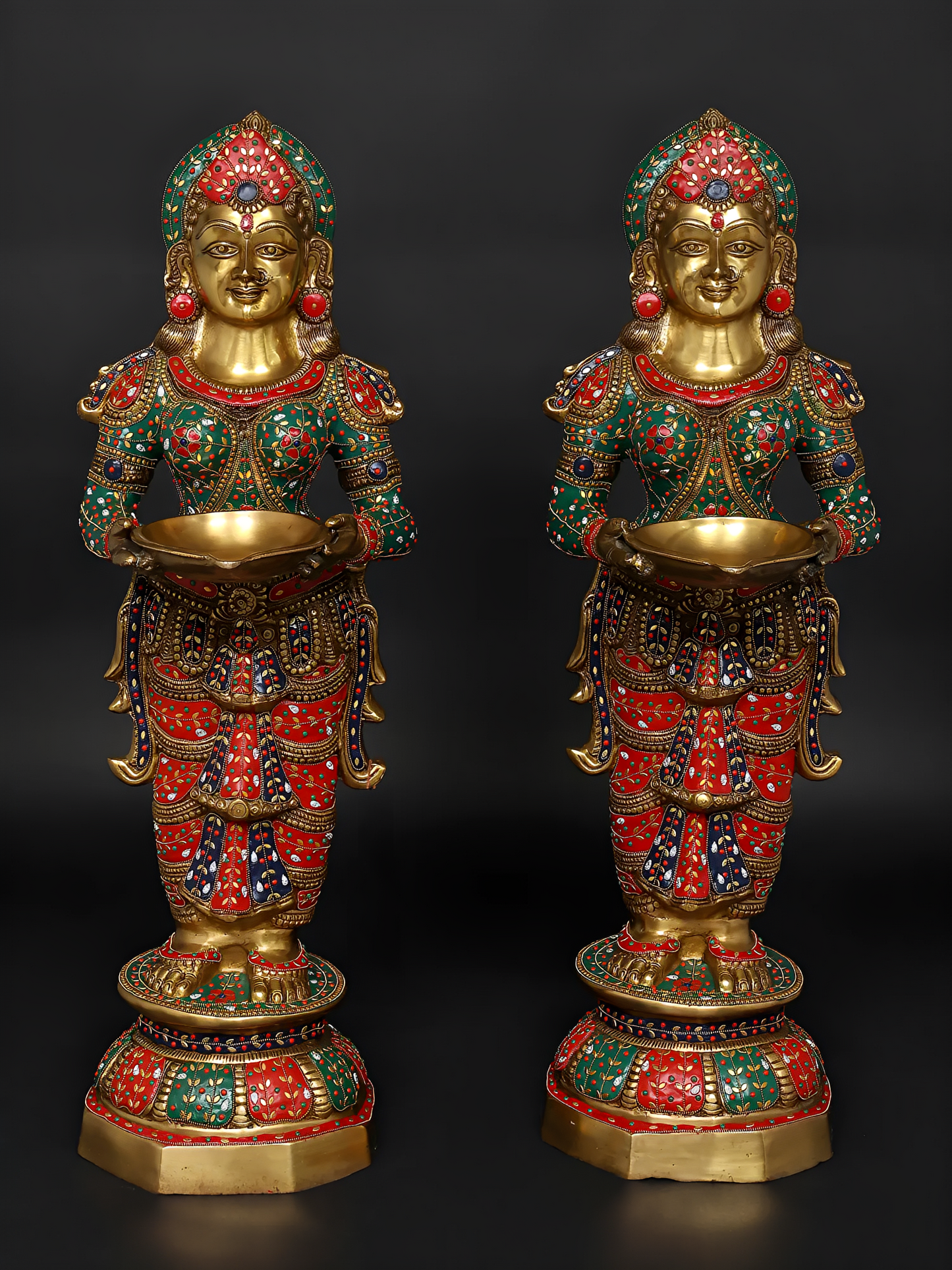 Brassaura™ Goddess Lakshmi Lamp Set | Pure Brass with Intricate Inlay Work | Height 36 Inches & Weight 53.21 kgs