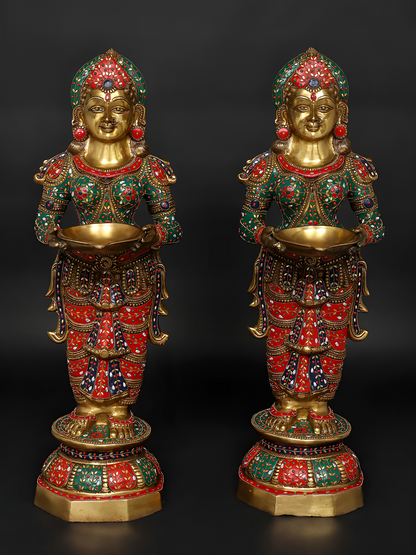 Brassaura™ Goddess Lakshmi Lamp Set | Pure Brass with Intricate Inlay Work | Height 36 Inches & Weight 53.21 kgs