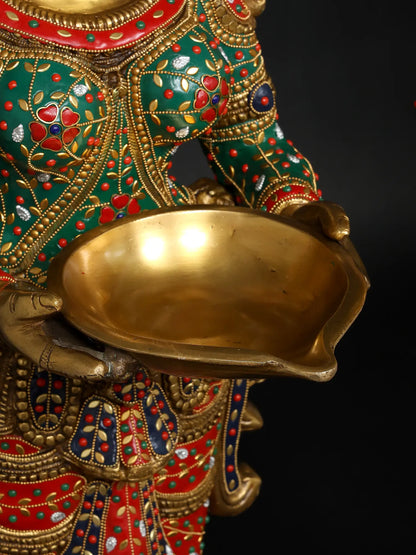 Brassaura™ Goddess Lakshmi Lamp Set | Pure Brass with Intricate Inlay Work | Height 36 Inches & Weight 53.21 kgs