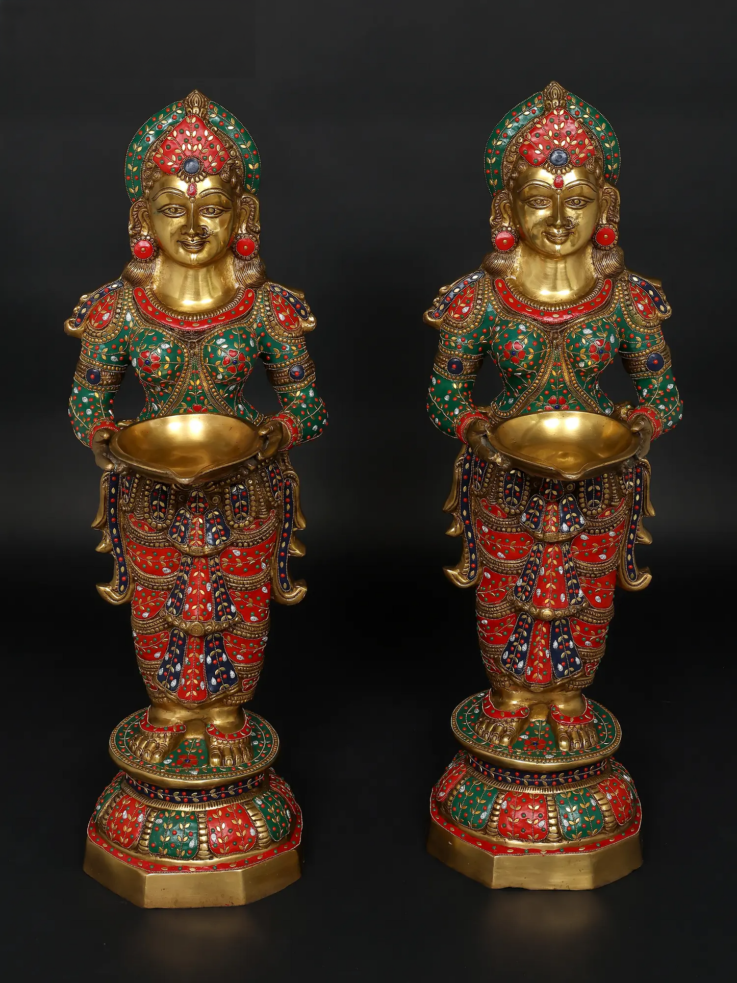 Brassaura™ Goddess Lakshmi Lamp Set | Pure Brass with Intricate Inlay Work | Height 36 Inches & Weight 53.21 kgs