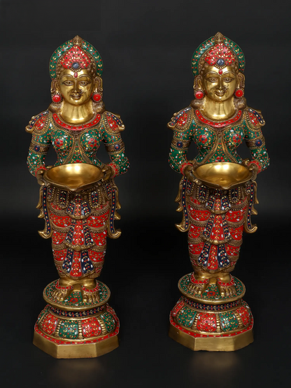 Brassaura™ Goddess Lakshmi Lamp Set | Pure Brass with Intricate Inlay Work | Height 36 Inches & Weight 53.21 kgs