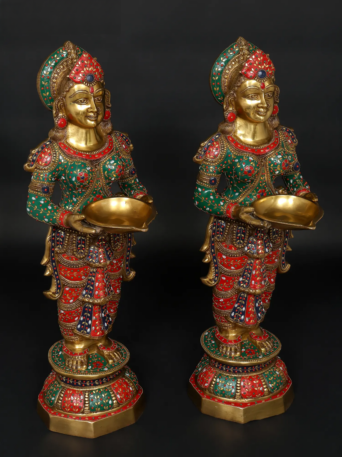 Brassaura™ Goddess Lakshmi Lamp Set | Pure Brass with Intricate Inlay Work | Height 36 Inches & Weight 53.21 kgs