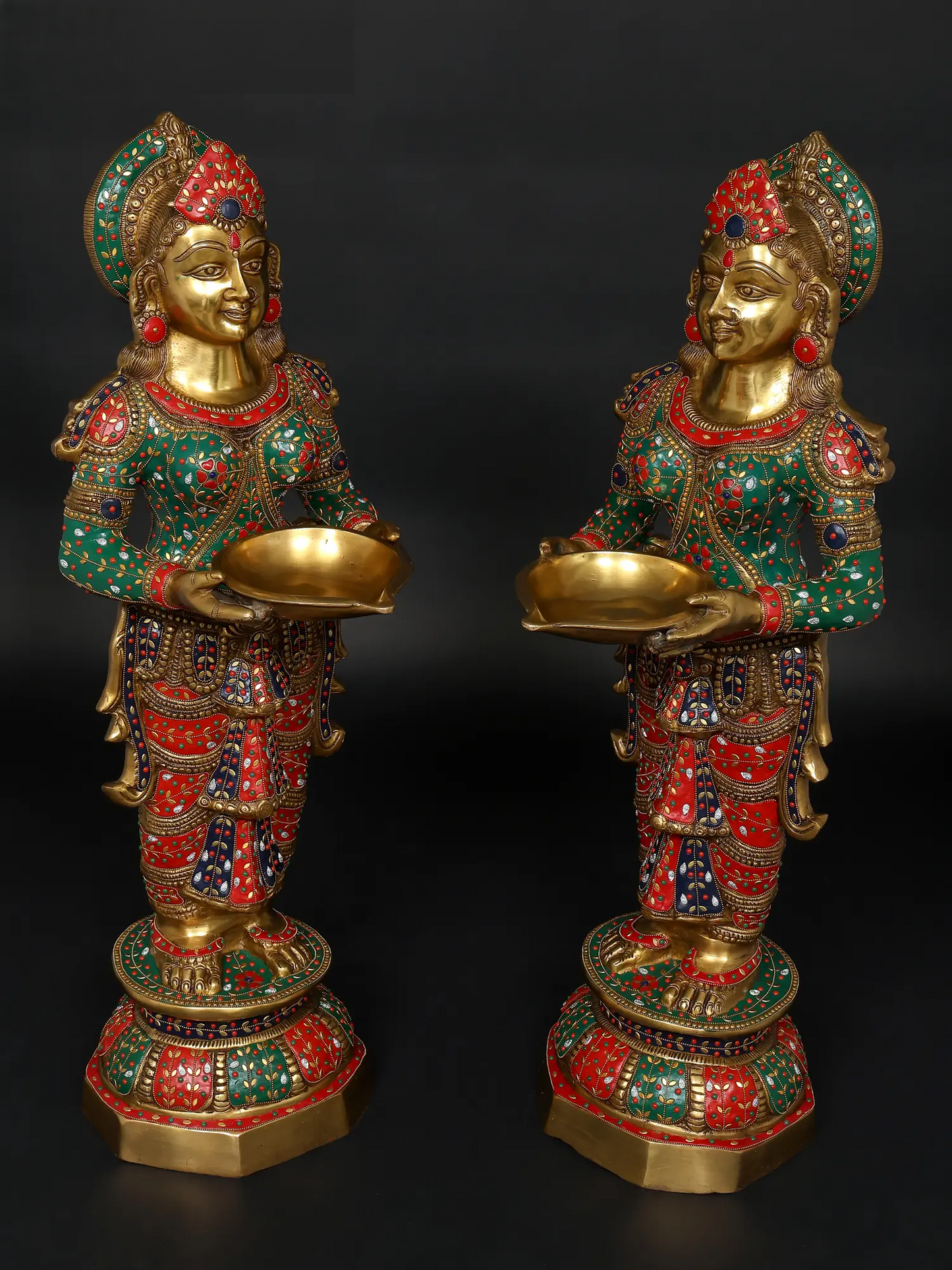 Brassaura™ Goddess Lakshmi Lamp Set | Pure Brass with Intricate Inlay Work | Height 36 Inches & Weight 53.21 kgs