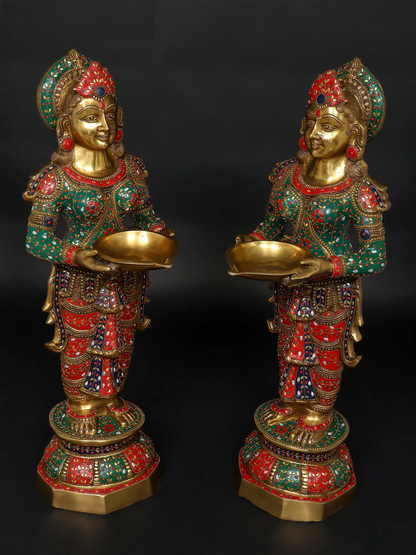 Brassaura™ Goddess Lakshmi Lamp Set | Pure Brass with Intricate Inlay Work | Height 36 Inches & Weight 53.21 kgs