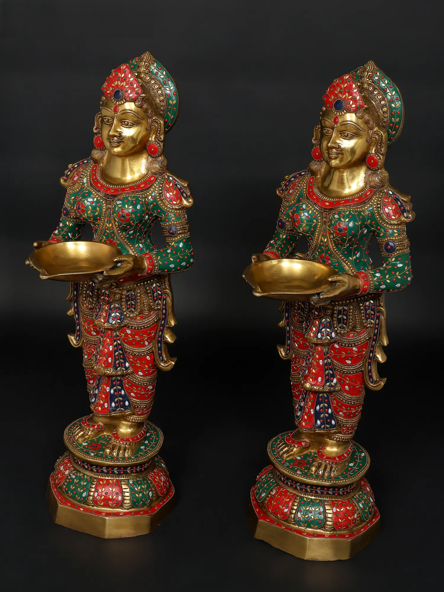 Brassaura™ Goddess Lakshmi Lamp Set | Pure Brass with Intricate Inlay Work | Height 36 Inches & Weight 53.21 kgs