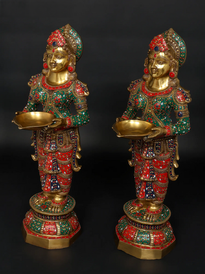 Brassaura™ Goddess Lakshmi Lamp Set | Pure Brass with Intricate Inlay Work | Height 36 Inches & Weight 53.21 kgs