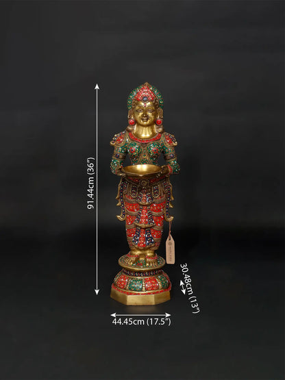 Brassaura™ Goddess Lakshmi Lamp Set | Pure Brass with Intricate Inlay Work | Height 36 Inches & Weight 53.21 kgs