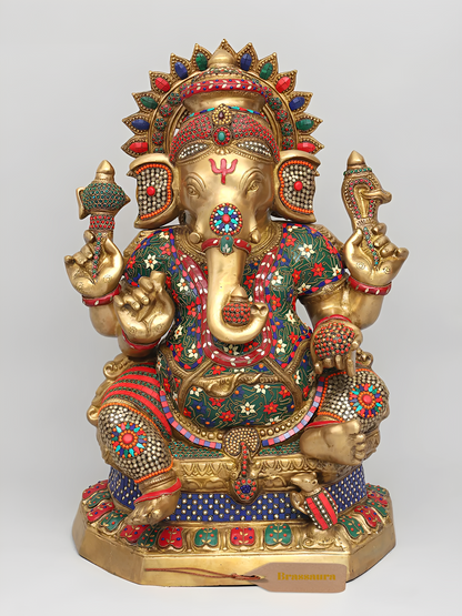 Brassaura™ Brass Ganesha Statue with Inlay Stonework | Height 31 Inches & Weight 49.25 kgs