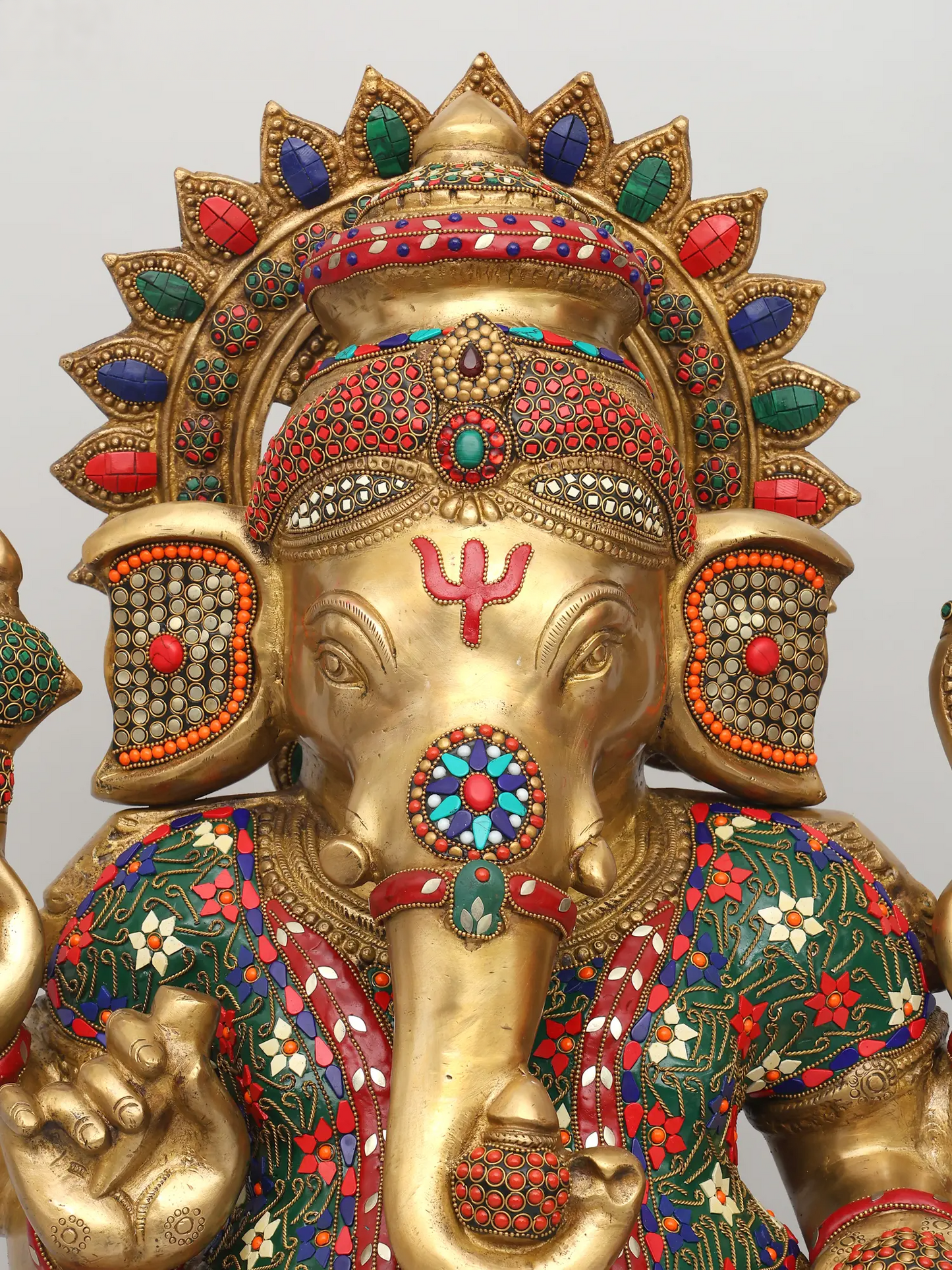 Brassaura™ Brass Ganesha Statue with Inlay Stonework | Height 31 Inches & Weight 49.25 kgs