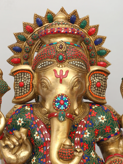 Brassaura™ Brass Ganesha Statue with Inlay Stonework | Height 31 Inches & Weight 49.25 kgs