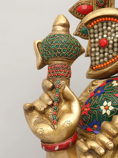 Brassaura™ Brass Ganesha Statue with Inlay Stonework | Height 31 Inches & Weight 49.25 kgs