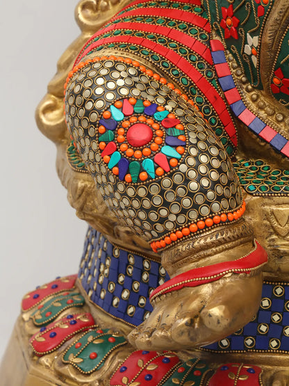 Brassaura™ Brass Ganesha Statue with Inlay Stonework | Height 31 Inches & Weight 49.25 kgs