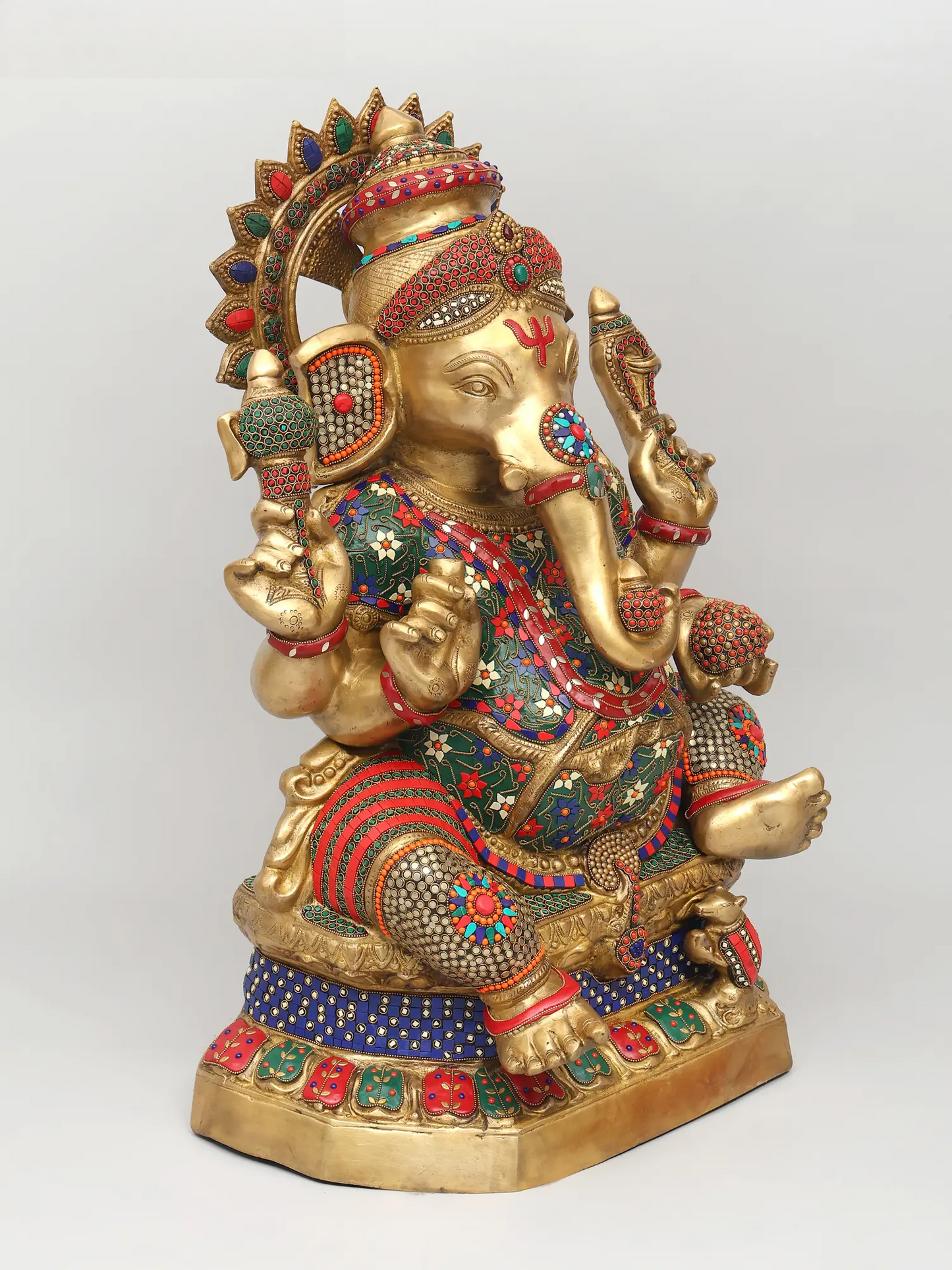 Brassaura™ Brass Ganesha Statue with Inlay Stonework | Height 31 Inches & Weight 49.25 kgs