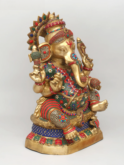 Brassaura™ Brass Ganesha Statue with Inlay Stonework | Height 31 Inches & Weight 49.25 kgs