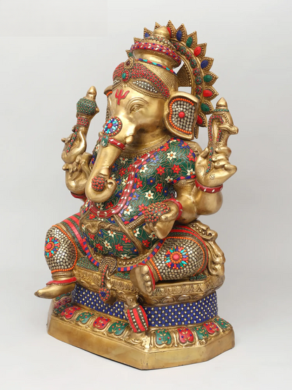 Brassaura™ Brass Ganesha Statue with Inlay Stonework | Height 31 Inches & Weight 49.25 kgs