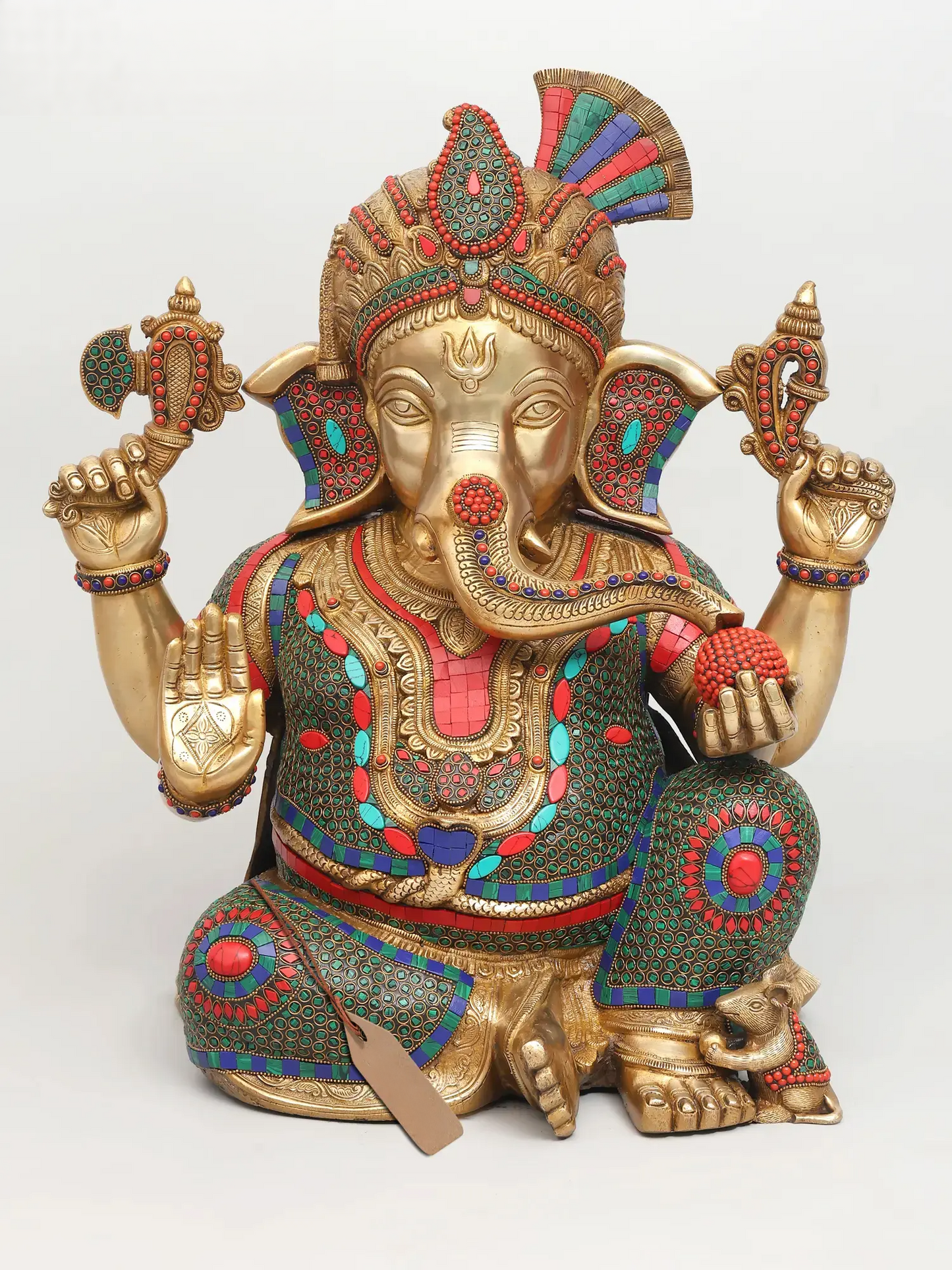 Brassaura™ Brass Ganesha Statue with Stonework & Inlay Work | Height 21 Inches & Weight 26.96 kgs