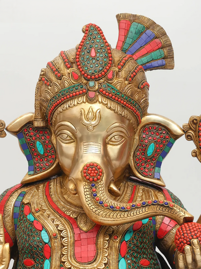 Brassaura™ Brass Ganesha Statue with Stonework & Inlay Work | Height 21 Inches & Weight 26.96 kgs