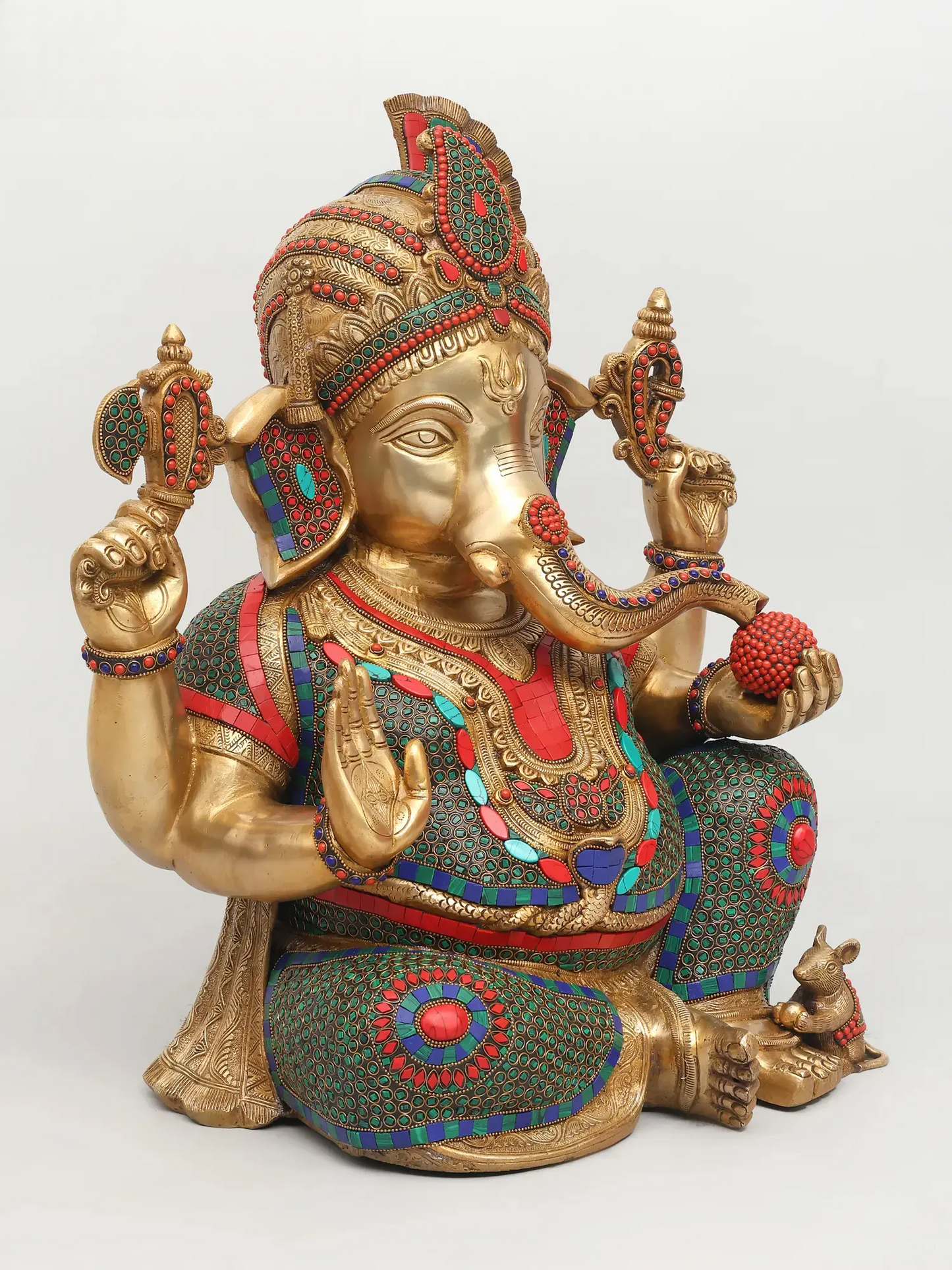 Brassaura™ Brass Ganesha Statue with Stonework & Inlay Work | Height 21 Inches & Weight 26.96 kgs