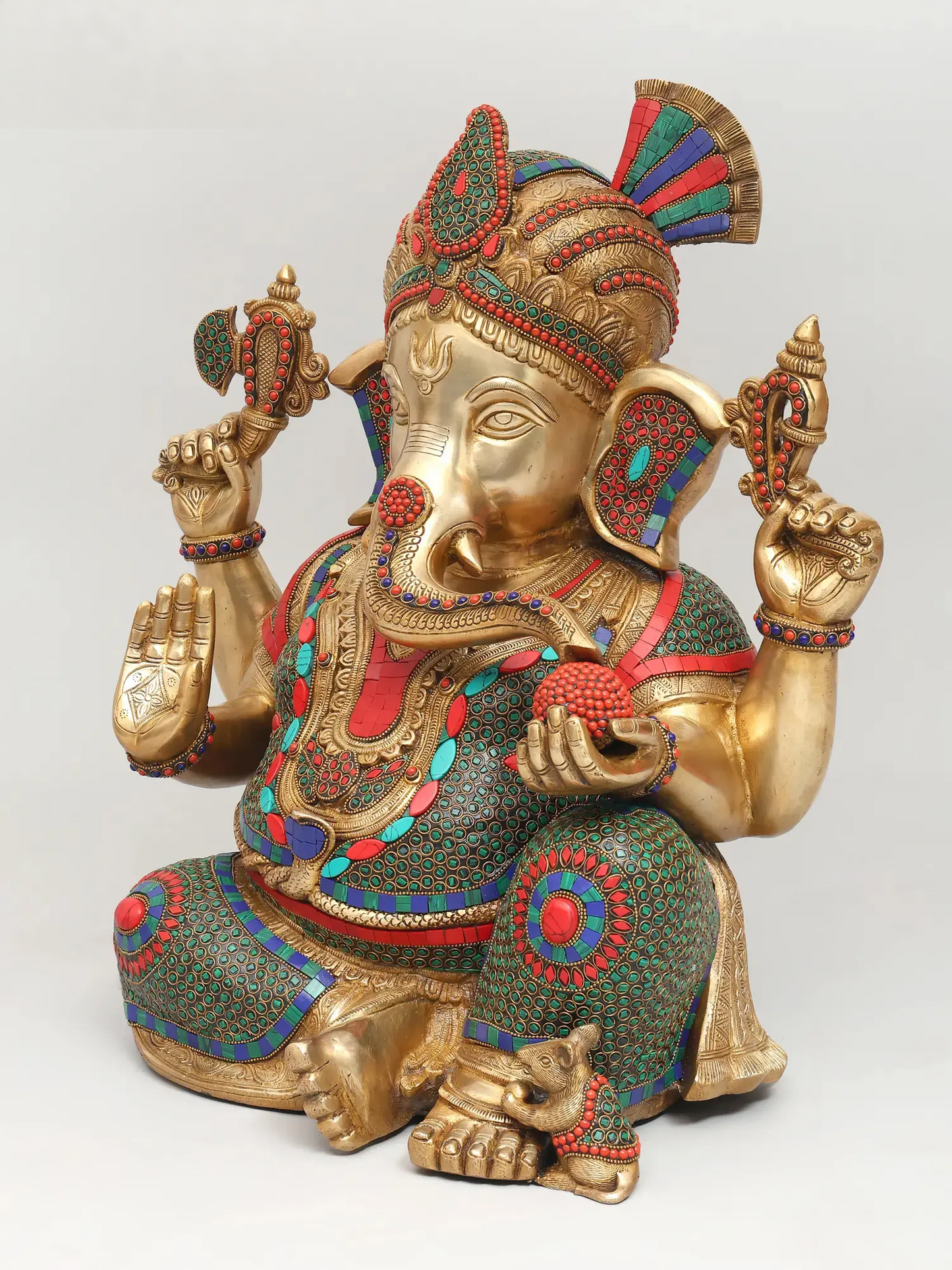 Brassaura™ Brass Ganesha Statue with Stonework & Inlay Work | Height 21 Inches & Weight 26.96 kgs