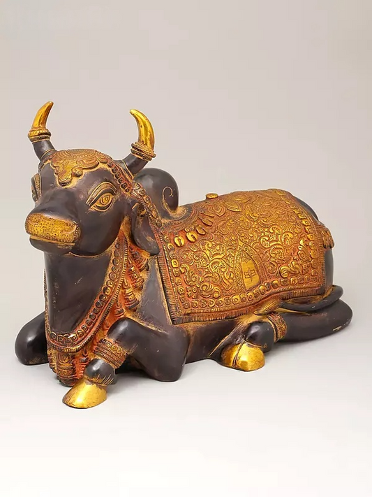 Brassaura® Brass Nandi Statue | Pure Superfine Brass Handcrafted Murti | Brass Statue for Home Temple, Pooja Room | Height 10 Inches | Weight 10.49 Kgs