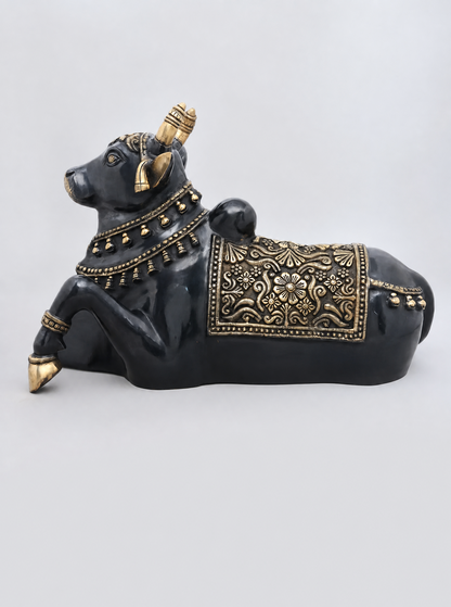 Brassaura® Nandi Reclining Idol with Antique Black & Gold Finish | Pure Superfine Brass Handcrafted Murti | Brass Statue for Home Temple, Pooja Room | Height 18 Inches | Weight 29.98 Kgs