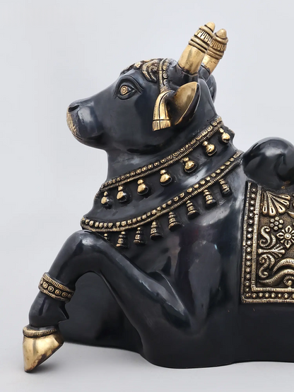 Brassaura® Nandi Reclining Idol with Antique Black & Gold Finish | Pure Superfine Brass Handcrafted Murti | Brass Statue for Home Temple, Pooja Room | Height 18 Inches | Weight 29.98 Kgs