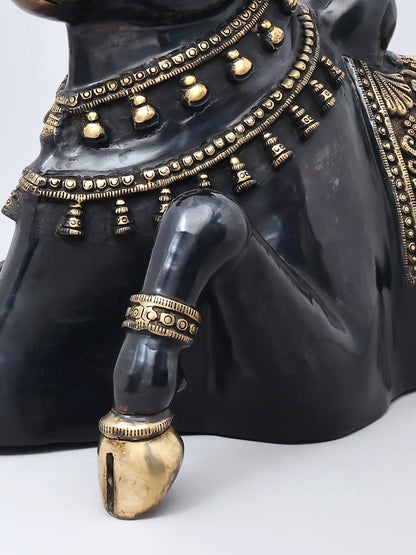 Brassaura® Nandi Reclining Idol with Antique Black & Gold Finish | Pure Superfine Brass Handcrafted Murti | Brass Statue for Home Temple, Pooja Room | Height 18 Inches | Weight 29.98 Kgs