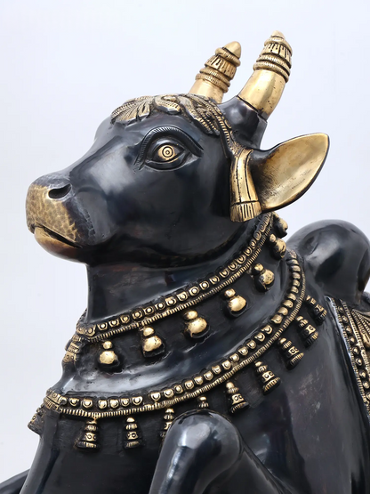 Brassaura® Nandi Reclining Idol with Antique Black & Gold Finish | Pure Superfine Brass Handcrafted Murti | Brass Statue for Home Temple, Pooja Room | Height 18 Inches | Weight 29.98 Kgs