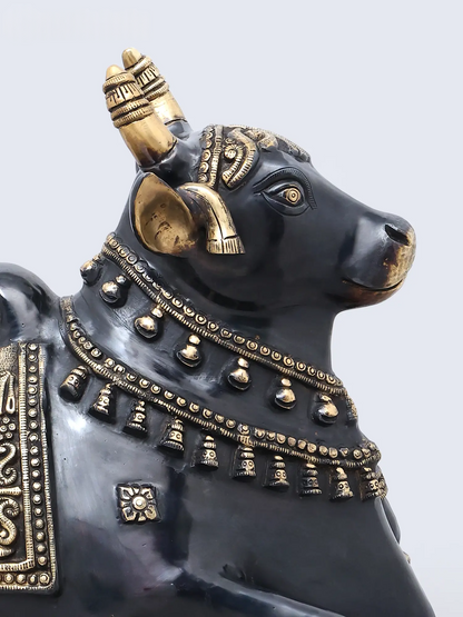 Brassaura® Nandi Reclining Idol with Antique Black & Gold Finish | Pure Superfine Brass Handcrafted Murti | Brass Statue for Home Temple, Pooja Room | Height 18 Inches | Weight 29.98 Kgs