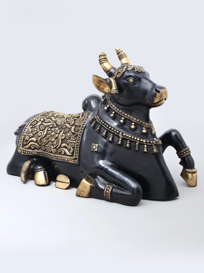 Brassaura® Nandi Reclining Idol with Antique Black & Gold Finish | Pure Superfine Brass Handcrafted Murti | Brass Statue for Home Temple, Pooja Room | Height 18 Inches | Weight 29.98 Kgs