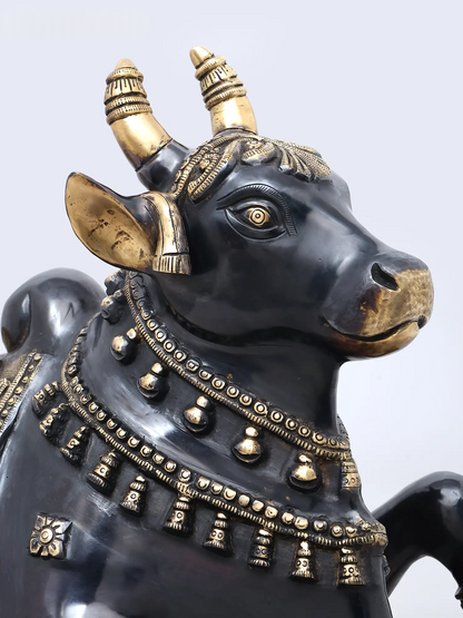 Brassaura® Nandi Reclining Idol with Antique Black & Gold Finish | Pure Superfine Brass Handcrafted Murti | Brass Statue for Home Temple, Pooja Room | Height 18 Inches | Weight 29.98 Kgs