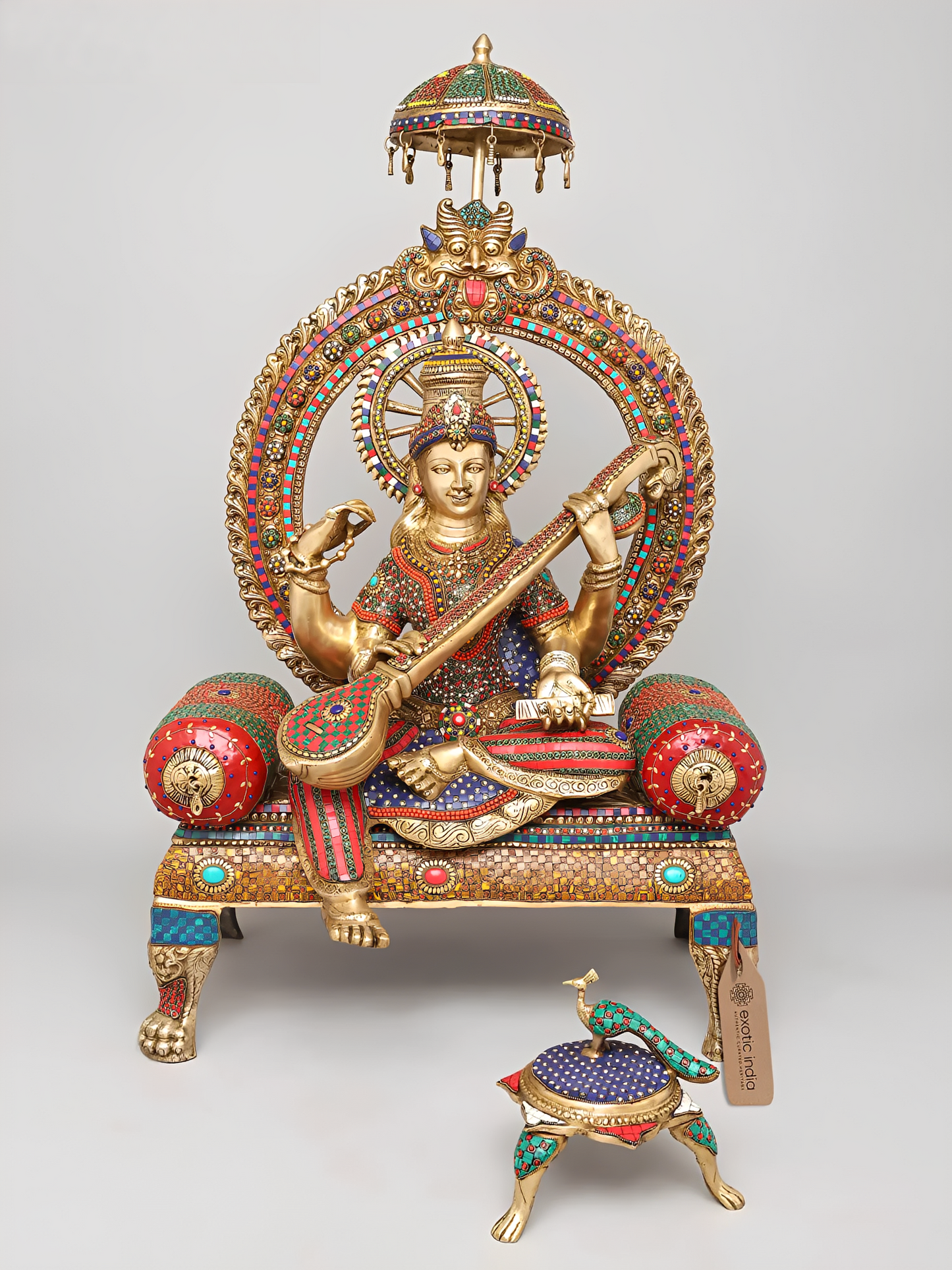 Brassaura® Goddess Saraswati on Royal Throne with Inlay Work | Height 47 Inches & Weight 91.72 kgs