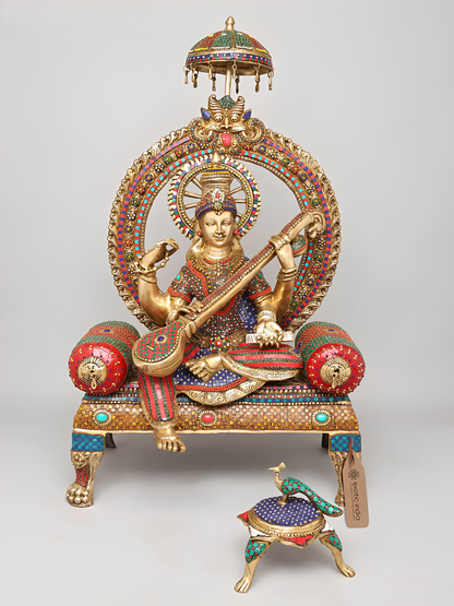 Brassaura® Goddess Saraswati on Royal Throne with Inlay Work | Height 47 Inches & Weight 91.72 kgs