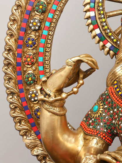 Brassaura® Goddess Saraswati on Royal Throne with Inlay Work | Height 47 Inches & Weight 91.72 kgs