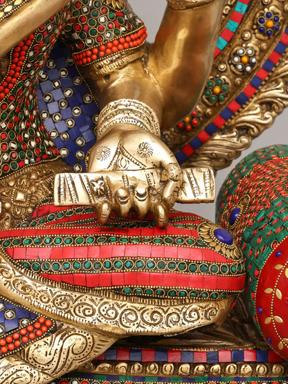 Brassaura® Goddess Saraswati on Royal Throne with Inlay Work | Height 47 Inches & Weight 91.72 kgs