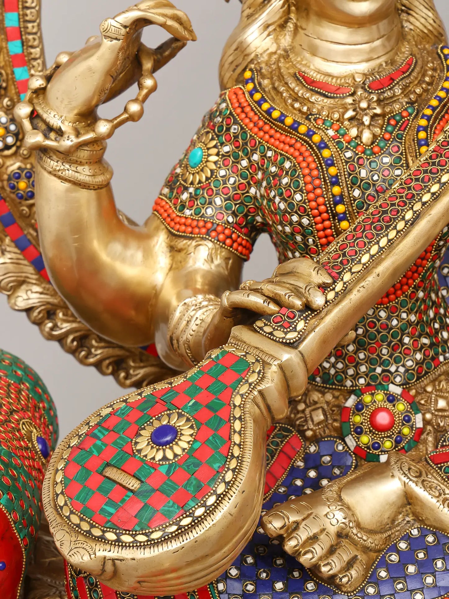 Brassaura® Goddess Saraswati on Royal Throne with Inlay Work | Height 47 Inches & Weight 91.72 kgs