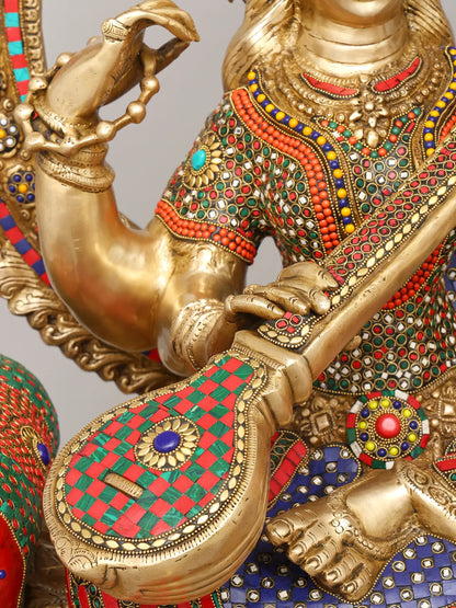 Brassaura® Goddess Saraswati on Royal Throne with Inlay Work | Height 47 Inches & Weight 91.72 kgs
