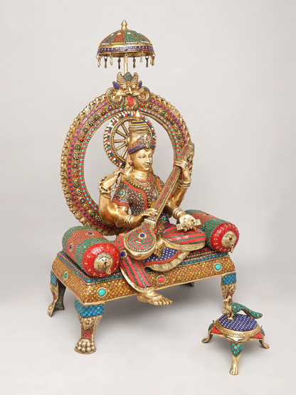 Brassaura® Goddess Saraswati on Royal Throne with Inlay Work | Height 47 Inches & Weight 91.72 kgs