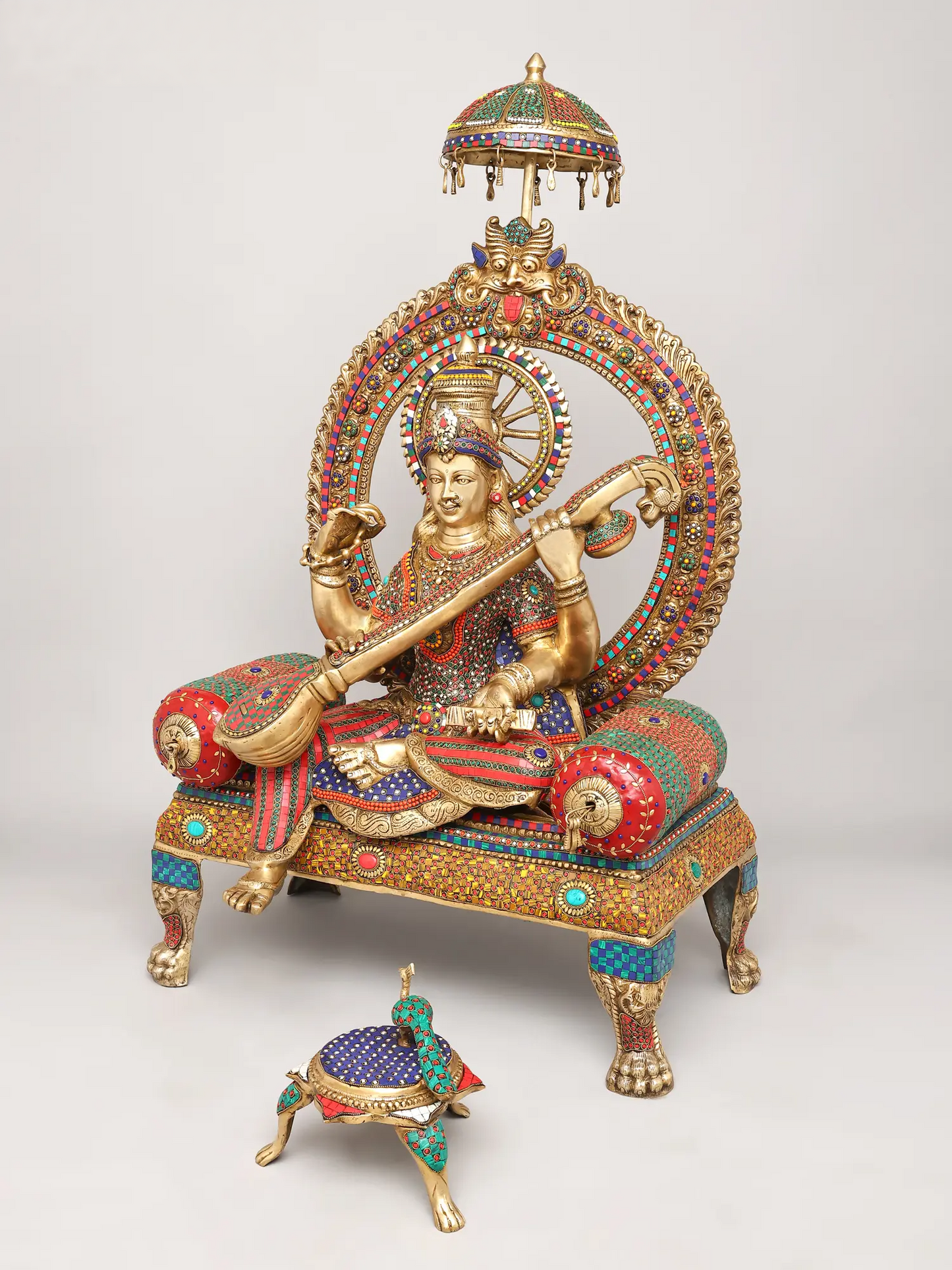 Brassaura® Goddess Saraswati on Royal Throne with Inlay Work | Height 47 Inches & Weight 91.72 kgs