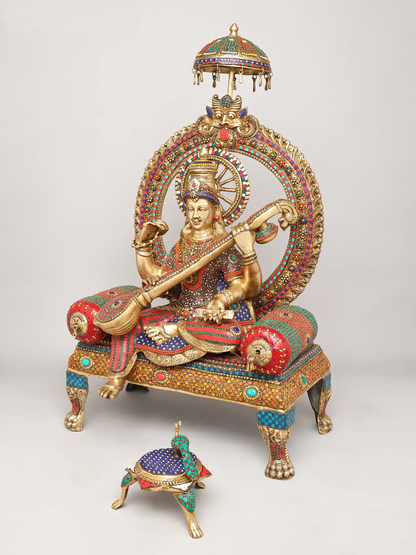 Brassaura® Goddess Saraswati on Royal Throne with Inlay Work | Height 47 Inches & Weight 91.72 kgs