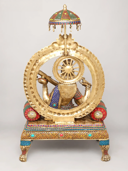 Brassaura® Goddess Saraswati on Royal Throne with Inlay Work | Height 47 Inches & Weight 91.72 kgs