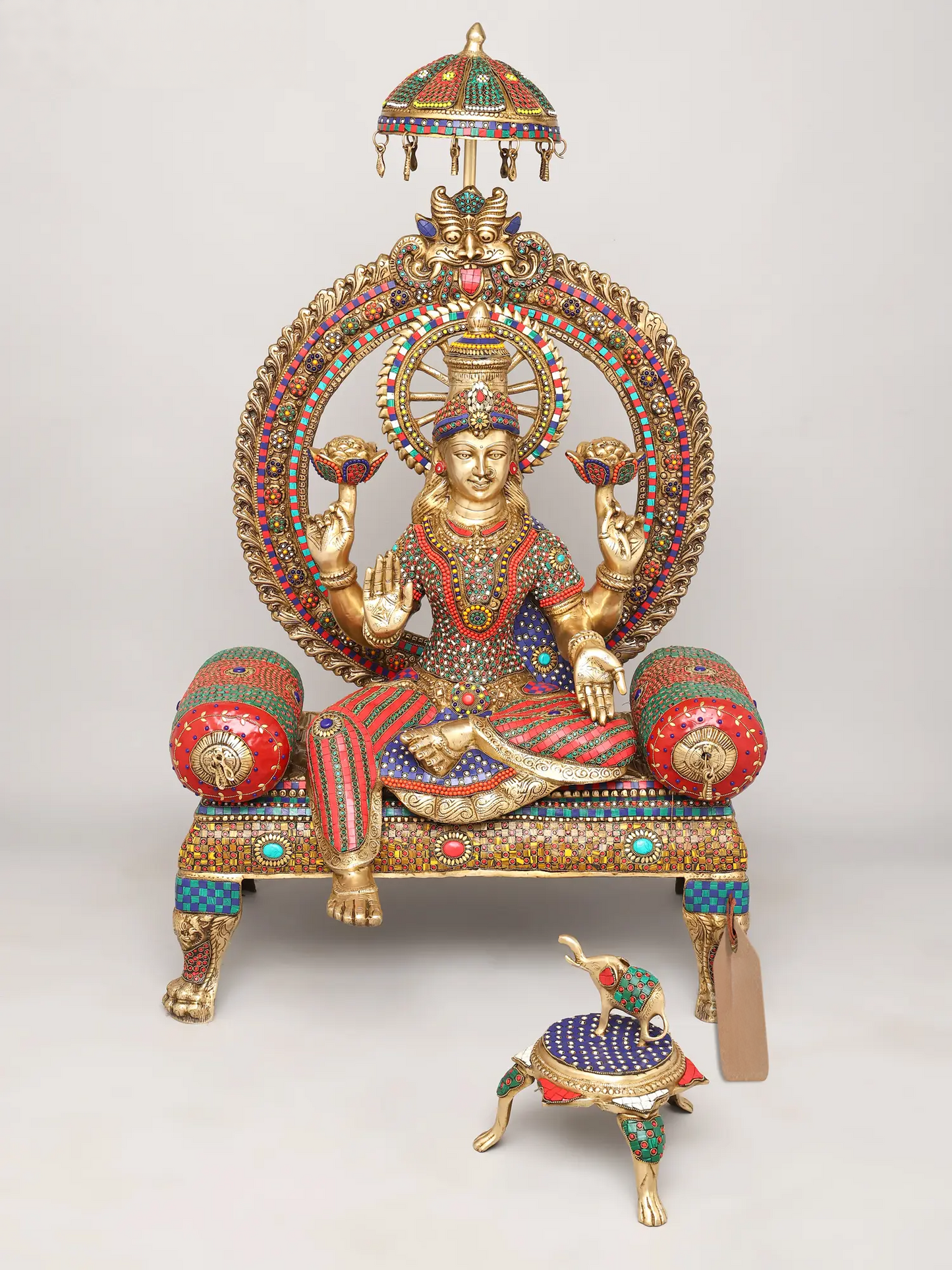 Brassaura® Grand Seated Goddess Lakshmi on Throne with Prabhavali & Chhatra | Brass with Inlay Work | Height 47 Inches & Weight 83.72 kgs