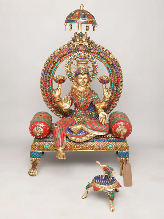 Brassaura® Grand Seated Goddess Lakshmi on Throne with Prabhavali & Chhatra | Brass with Inlay Work | Height 47 Inches & Weight 83.72 kgs