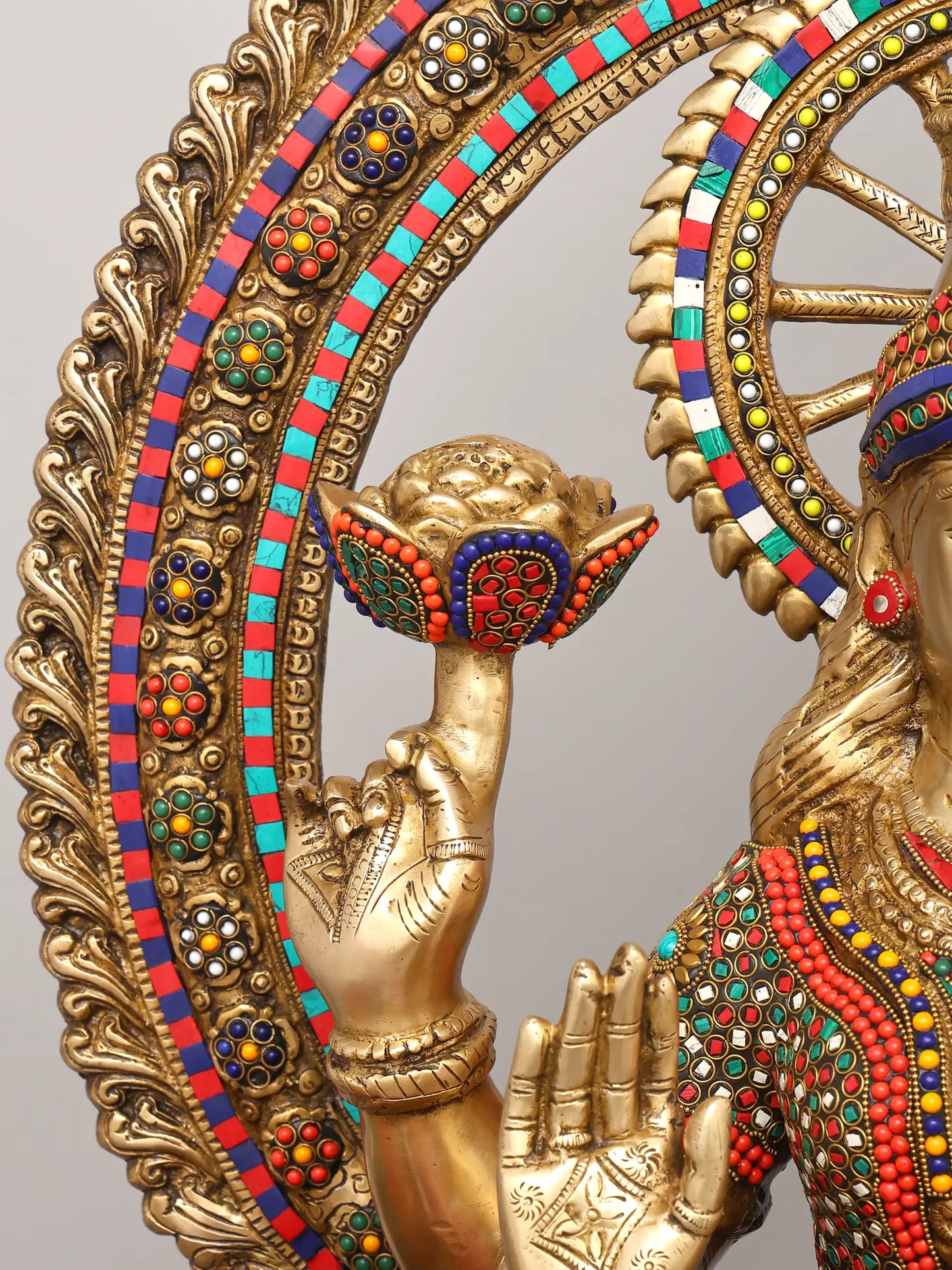 Brassaura® Grand Seated Goddess Lakshmi on Throne with Prabhavali & Chhatra | Brass with Inlay Work | Height 47 Inches & Weight 83.72 kgs