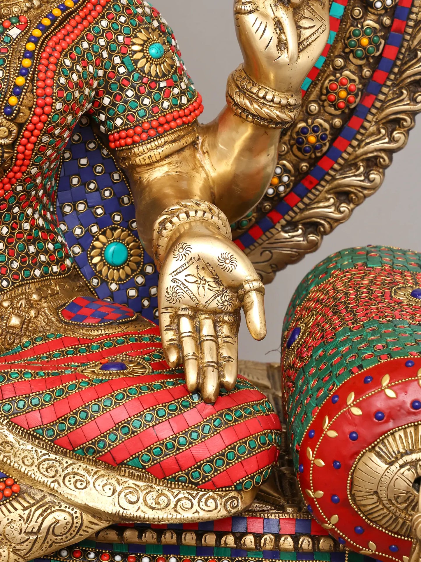 Brassaura® Grand Seated Goddess Lakshmi on Throne with Prabhavali & Chhatra | Brass with Inlay Work | Height 47 Inches & Weight 83.72 kgs