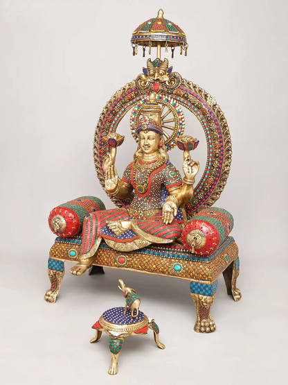Brassaura® Grand Seated Goddess Lakshmi on Throne with Prabhavali & Chhatra | Brass with Inlay Work | Height 47 Inches & Weight 83.72 kgs