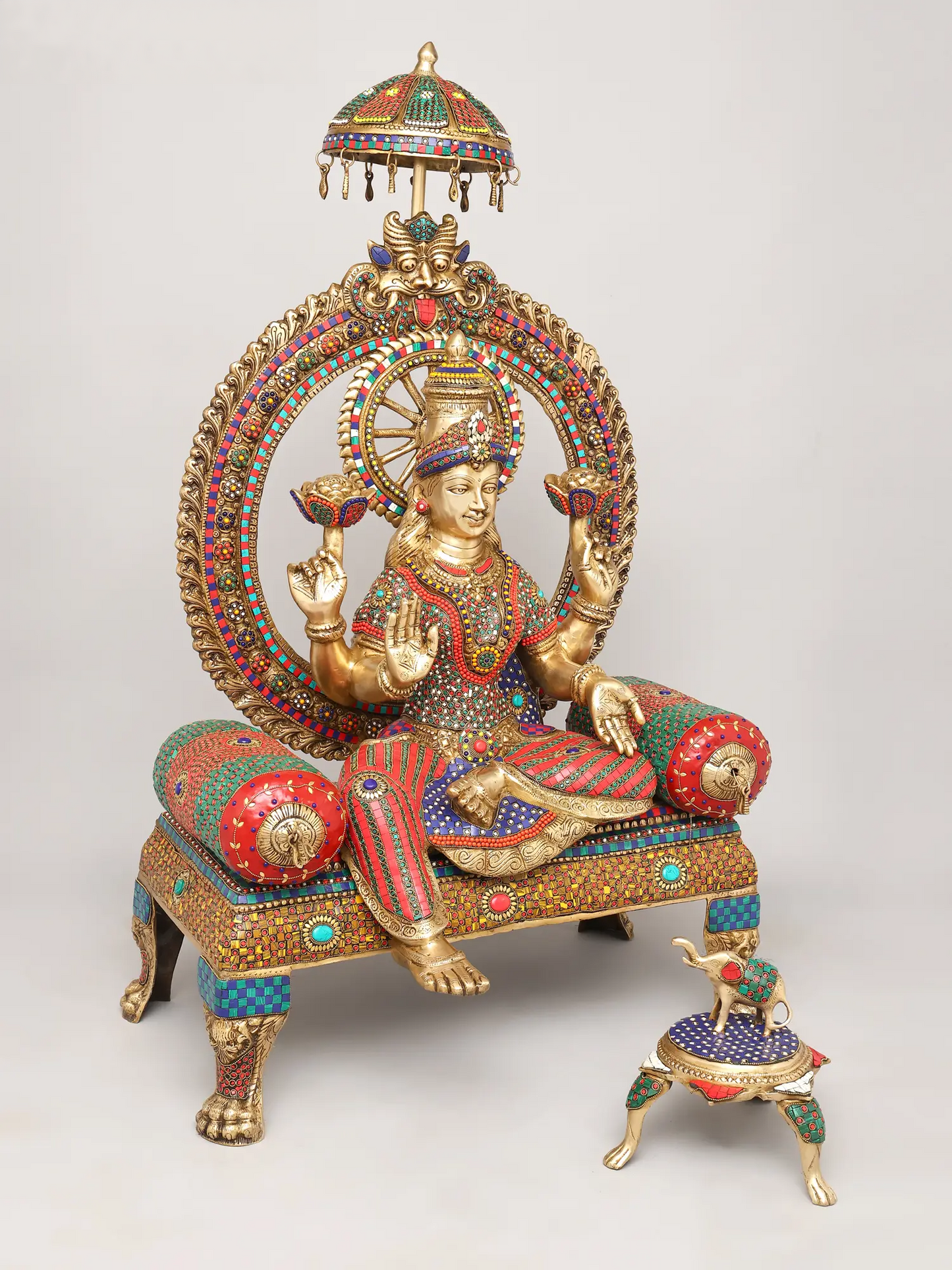 Brassaura® Grand Seated Goddess Lakshmi on Throne with Prabhavali & Chhatra | Brass with Inlay Work | Height 47 Inches & Weight 83.72 kgs