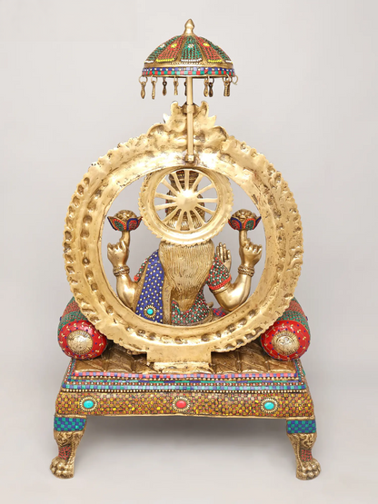 Brassaura® Grand Seated Goddess Lakshmi on Throne with Prabhavali & Chhatra | Brass with Inlay Work | Height 47 Inches & Weight 83.72 kgs