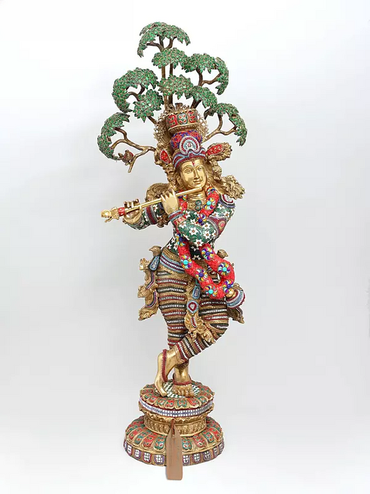 Brassaura® Krishna Stone Work Statue | Height 58 Inches & Weight 80.55 kg